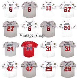 Vin Vintage 1995 World Series Baseball Jersey 10 Chipper Jones Greg 31 Maddux 24 Deion Sanders 29 John Smoltz 27 Fred McGriff 8 Javy Lopez Bobby