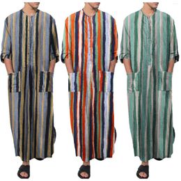 Ethnic Clothing Men's Nightgown Robes Arabian Striped Shirt Long Sleeves Retro Kimono House Skirt Cotton Bathrobe Lingerie