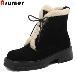 Boots ASUMER 2024 Cow Suede Leather Snow Women Shoes Lace Up Black Brown Thick Fur Warm Winter Ladies Ankle