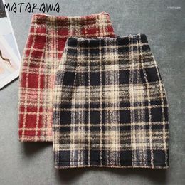 Skirts Matakawa Plaid For Women Vintage Woollen Autumn Winter Contrast Colour Faldas Mujer Korean Fashion Sweet Long Skirt