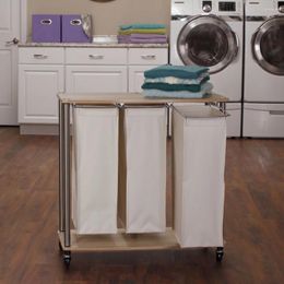 Laundry Bags 3-Bag Sorter Beige Basket With Wheels