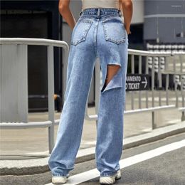 Women's Jeans Liooil Ripped Baggy For Women Straight Leg High Waisted Pocket Hole Blue Washed Denim Trousers Pants Streetwear