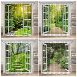 Shower Curtains Forest Landscape White Window Spring Rustic Plants Nature Scenery Bathroom Curtain Polyester Fabric Home Decor