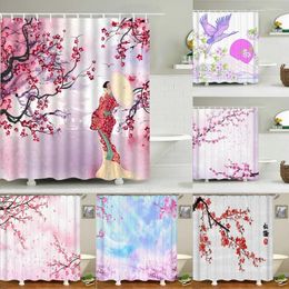 Shower Curtains Waterproof Polyester Fabric Japanese-style Plum Flower Woman Girl Decor Multi-size For Bathroom