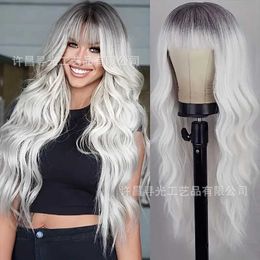 Wigs Wigs wig white straight bangs long curled hair water ripple micro curled gradient white high-temperature silk wig headband