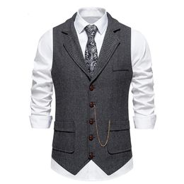 Mens Retro Lapel Chain Vest Fashion Herringbone Coarse Tweed Pockets Suit British Casual Vintage Gentleman Leisure Party 240509