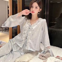 Home Clothing Summer Sleepwear Pyjama Suit Women Two-Piece Pajamas Set Long Sleeve Shirt Trouser Satin Nightwear Homewear