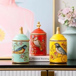 Storage Bottles American Ceramic Tank Pastoral Bird Printing Utensil Multifunction Tea Coffee Cup Painted Ceramics With Lid Jewellery Box