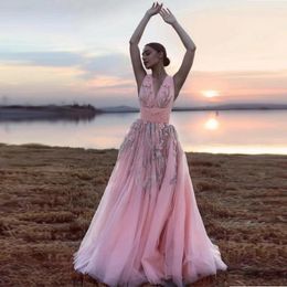 Party Dresses Elegant Pink Prom Dress V-Neck Applique Floral Sequins Beaded Floor Length Tulle Poshoot Evening