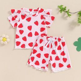 Clothing Sets Summer Toddler Kids Baby Girls Clothes Strawberry Print Ruffles Short Sleeve T-shirts Tops Elastic Waist Shorts Outfits