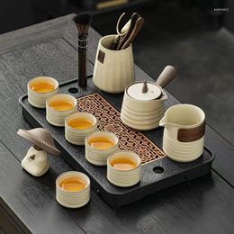 Teaware Sets Beige Ru Kiln Tea Set Light Luxury High-end Office Reception Ceramic Home Side Handle Teapot