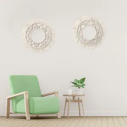 Window Stickers Wall-Mounted Mirror Lace Fringe 2 Sets Of Small Round Decorative Boho Hand-Woven Frame
