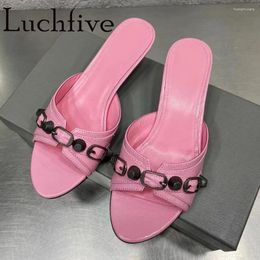 Slippers 2024 Summer Genuine Leather Kitten Heel Women Slip On Peep Toe Sandals Sexy Party Shoes Runway Ladies