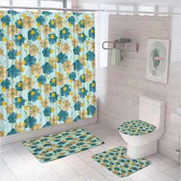 Shower Curtains Teal Flower Bathroom Curtain Set Vintage Yellow Floral Rural Country Art Non Slip Bath Mat Rug Toilet Seat Cover