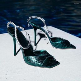 Sandals Square Toe Chain Rhinestone Buckle Stiletto Woman Summer 2024 Crocodile Pattern Pendant Open High Heel Shoes