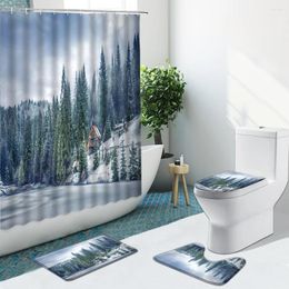 Shower Curtains Winter Snow Scene Curtain Trees Ice Lake Surface Bath Mat Non-Slip Flannel Rugs Toilet Cover Bathroom Decor Set With Hook