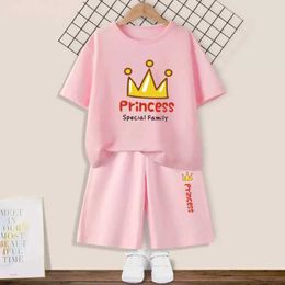 Clothing Sets 2 pieces/set Crown Princess Baby Summer Cute Clothing Childrens Track and Field Clothing Short sleeved Set Girl T-shirt+Short sleeved Set 3-14TL2405
