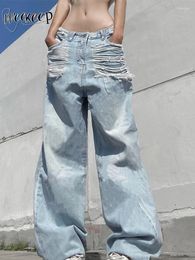 Women's Jeans Weekeep Ripped Pocket Patchwork Baggy Low Rise Y2k Grunge Denim Straight Pants Streetwear Casual Women Capris Korean Style