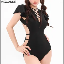 Women's Swimwear VigoAnne 2024 Black Short Sleeve Women Cross Hollow One Piece Swimsuit Korean Closed Monokini Summer Beach Bathing Suit