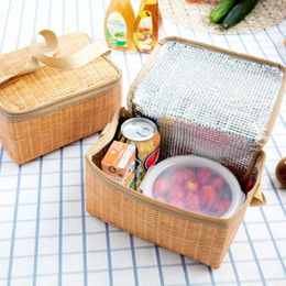 Storage Bags Waterproof Imitation Rattan Lunch Portable Thermal Cooler Insulated Bento Box Carry Tote Picnic Container