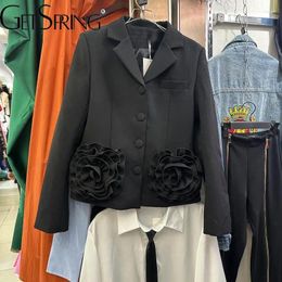 Women's Suits Women Blazer 2024 Spring Single Breasted Handmade 3D Flower Ladies Black Coat All Match Suit Jacket