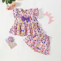 Clothing Sets Summer 2/piece Set For Girls With Short Sleeved Shorts Girl Baby Flower Print Bow Small Flying Sleeve Top