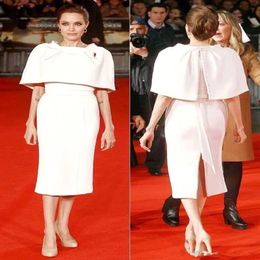 Angelina Jolie Sheath Knee Length Prom Dresses With Cape Jewel Neck Back Slits Celebrity Red Carpet Dresses Short Formal Evening Gowns 331N