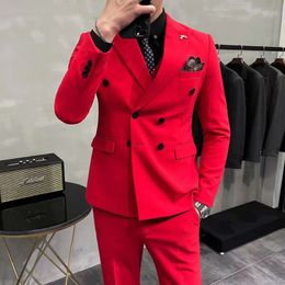 Men's Suits Blazers Fashion Men Double Breasted Plaid Suit Coat Pants 2 Pcs Set / Male Slim Fit Business Wedding Blazers Jacket Trousers #23