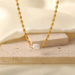 Pendant Necklaces Minar Textured Baroque Freshwater Pearl Pendant Necklaces for Women 18K Gold Plated Stainless Steel Bean Beads Choker Necklace