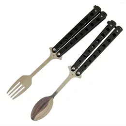 Spoons 2pcs Flatware Hunting Easy To Use Kitchen Butterfly Fork Spoon Set BBQ Folding Stainless Steel For Travel Black Gift Portable