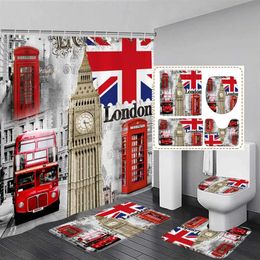 Shower Curtains Red Phone Booth Shower Curtain Set Vintage Bus London Street Scenery Home Bathroom Decor Non Slip Rug Bath Mats Toilet Lid Cover