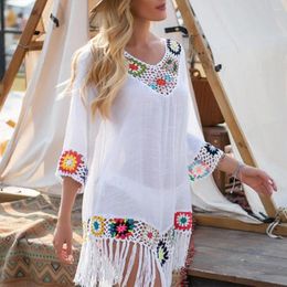 Women's Swimsuit Bikini Cover Up Hollow Out Crochet Patchwork Summer Loose-fitting Sun Protection Swimwear Tunic For Beach