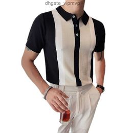 Men Fashion Summer Short Sleeve Polos Shirt Vintage Patchwork Knit Slim Shirts Casual Lapel Button Tops Mens Streetwear
