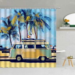 Shower Curtains Station Wagon Curtain Summer Ocean Beach Holiday Cartoon Car Bathroom Supplies Fabric With Hooks Bath Screen Home Decor