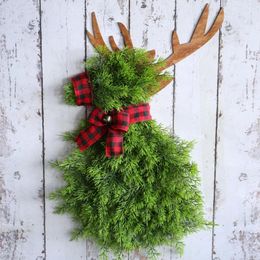 Decorative Flowers Christmas Wreath For Front Door Reindeer Design Artificial Pine Spruce Hanging Window Wall Home Decor Farmhouse