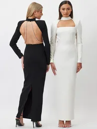 Casual Dresses Mozsion Elegant Sparkle Chain Backless Maxi Dress For Women Autumn Winter Long Sleeve Bodycon Split 2024
