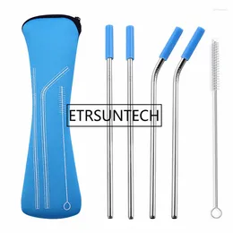 Drinking Straws 4pcs/set 304 Stainless Steel Reusable High Quality Silver Straw With Brush & Neoprene Bag For 20oz Tumblers Mugs