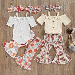 Clothing Sets Summer Infant Baby Girls Outfits Off Shoulder Short Sleeve Romper Flare Pants Headband Set Clothes