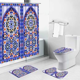 Shower Curtains Arabic Arch Morocco Antique Doors Shower Curtain National Style Bathroom Curtains Non-Slip Rug Set Toilet Lid Cover and Bath Mat