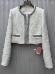 Women's Jackets White Wool Jacket For Women High Quality Elegant Beading O-Neck Hook-Button Long Sleeve Short Coat Lady 2024