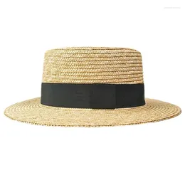 Berets 2024 Unisex Boater Hat Flat Top Raffia Straw For Men Women Outdoor Outing Sun Wide Brim Dome Hats