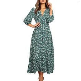 Casual Dresses Womens Long Sleeve Bohemian Floral Maxi Loose High Waist Boho Printed Dress Beach