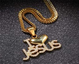 Bling Cubic Zirconia Jesus Pendant Necklace For Men Iced Out Gold Plated Letters Necklaces Mens Gold Hip Hop Designer Brand Jewelr2881955