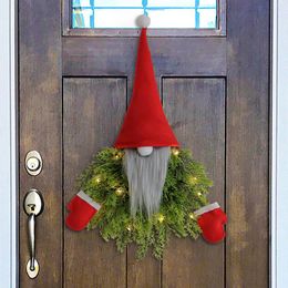 Decorative Flowers Christmas Wreath Gnome Hat With Light Glowing Garland For Front Door Hanging Ornament Window Restaurant Home Decor