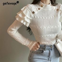 Women's Sweaters Women Trendy Vintage Ruffle Hollow Button Chic Sweet Knitted Sweater Female Elegant White Black Long Sleeve Slim Basic