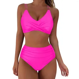 Women's Swimwear High Waisted Bikinis For Solid Two Piece Swimsuits Push Up Wrap Swim Suits 2024 Summer Tummy Control Bathing Suit Beach