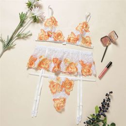 Hot Selling Fun Lingerie Sexy Women's Embroidered Flower Garter Belt Three Piece Set