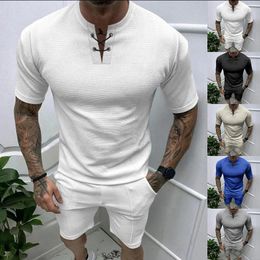 Men's Tracksuits Summer Sports And Leisure Boutique Strap Round Neck Waffle European American Short Sleeved Shorts Set