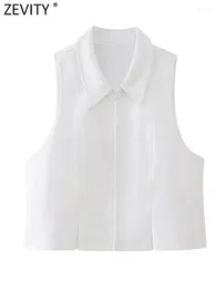 Women's Vests Zevity Women Fashion Turn Down Collar Sleeveless Zipper Short Vest Jacket Ladies Pleated White Slim WaistCoat Tops CT282