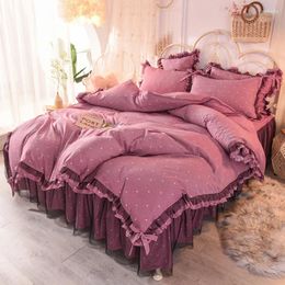 Bedding Sets Washed Cotton Home Set Princess Dot Pattern Lace Bowknot Bed Skirt Duvet Cover Pillow Cases Four Pieces M19